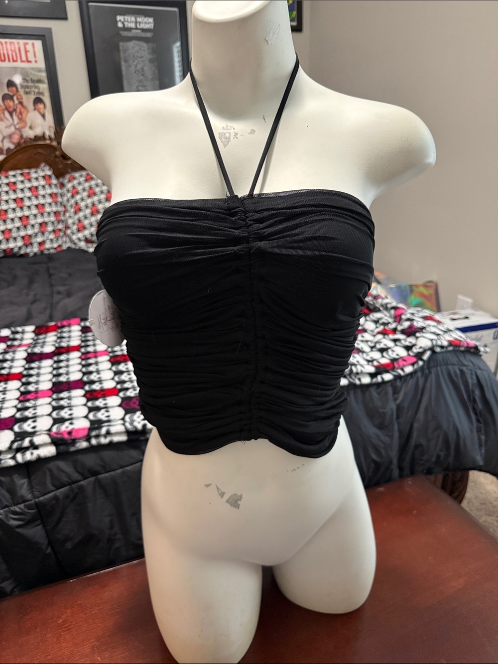 Ruched Strapless Black Halter Crop Top - Women's